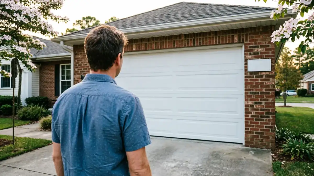 A man in a blue shirt stands facing a white garage door on a brick house.