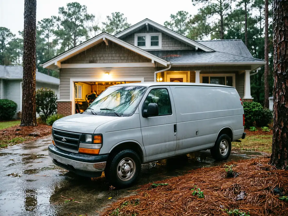 A gray service van is parked in a wet driveway in front of a house.