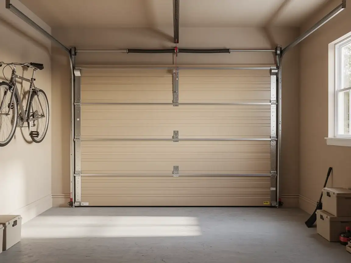 A beige garage door is closed inside a garage with a bicycle on the wall.