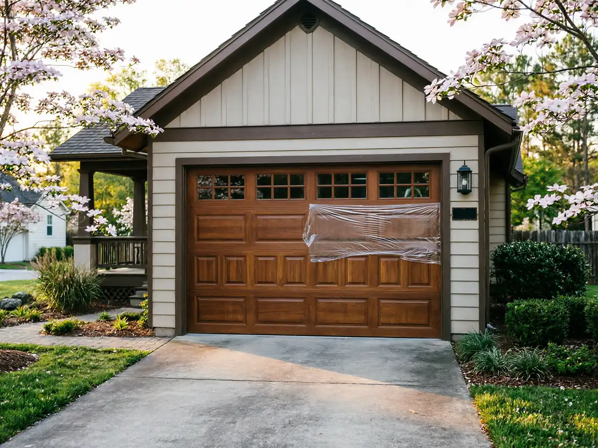 A brown garage door with windows has plastic sheeting covering a section.