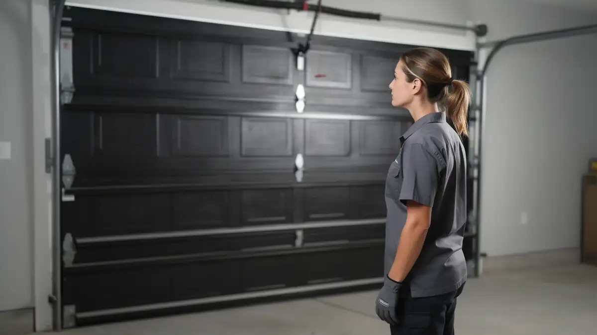 A technician in a gray shirt and gloves stands facing a closed black garage door.