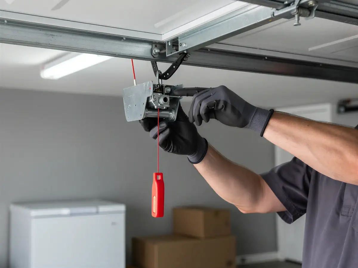 A technician in black gloves works on a garage door opener.